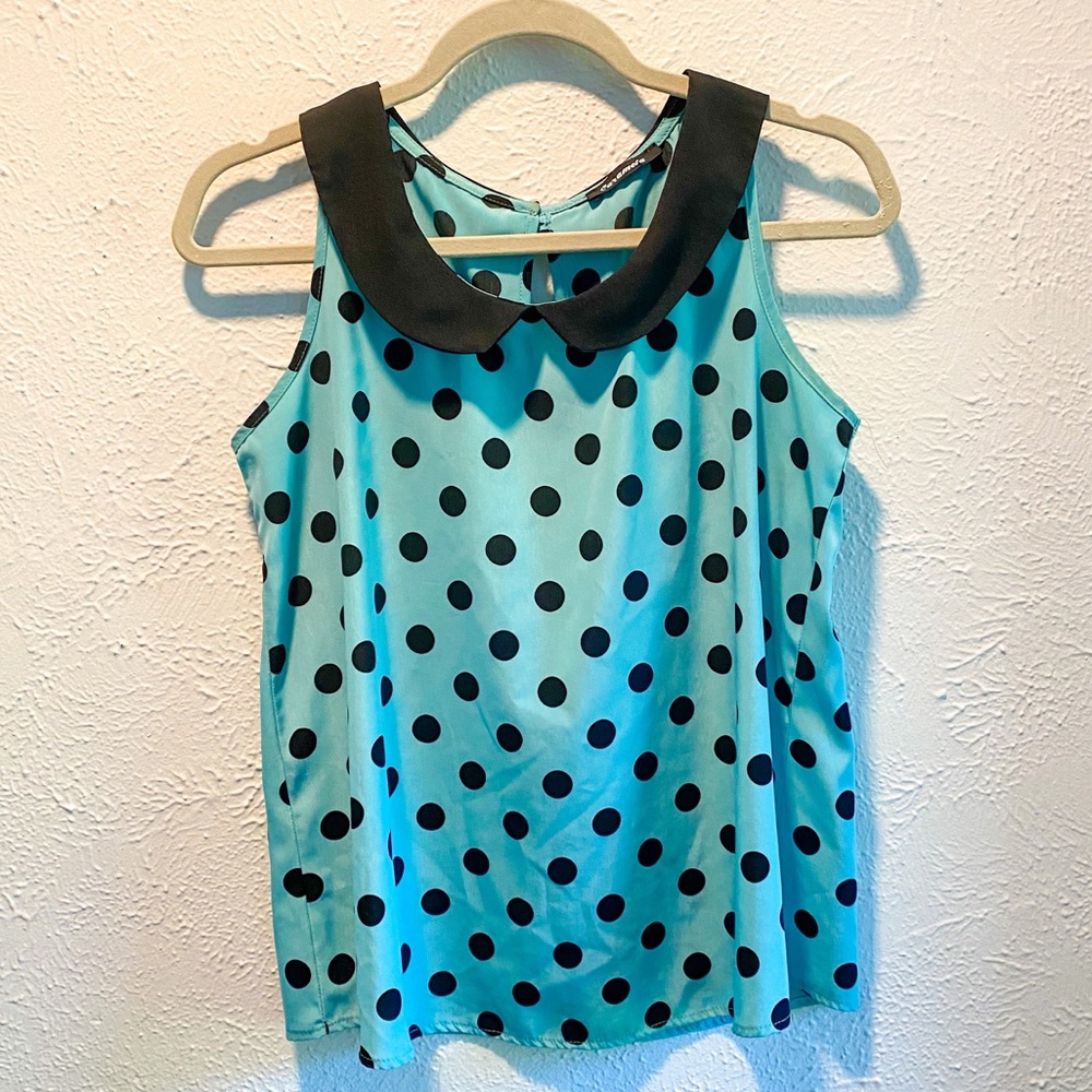 Adorable blue and black polka dot top